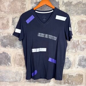 Armani Exchange Men's Navy Blue V-Neck Graphic Tape T-Shirt Metallic Logo Size M